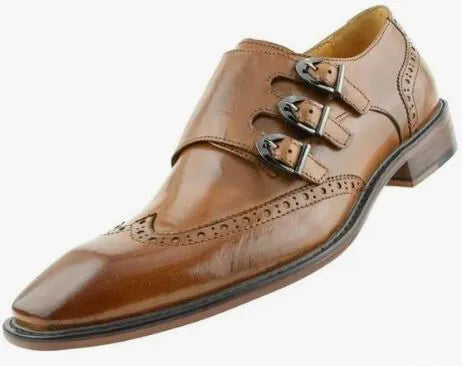 New Handmade Men’s Brown Wing Tip Brogue Traiple Monk Strap Formal Dress Business Shoes, Real Leather Office shoes