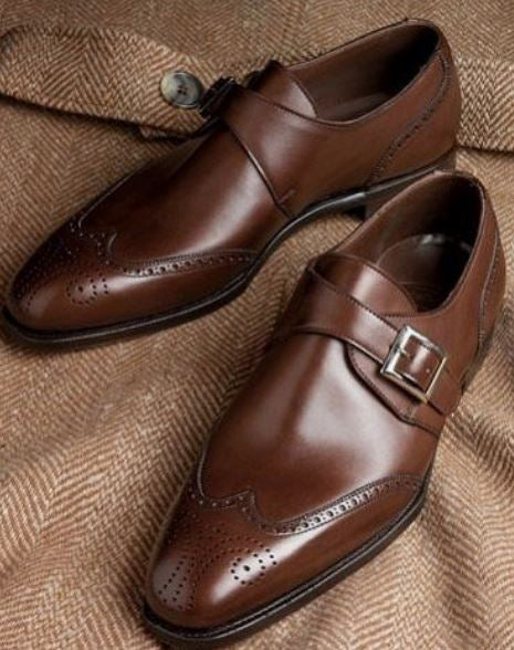New Dark Brown Single Monk Strap Wing Tip Brogue Formal Dress Business Shoes, Real Leather Office shoes