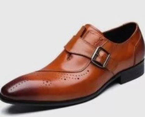 New Tan Brogue Single Monk Strap Formal Dress Business Shoes, Real Leather Office shoes