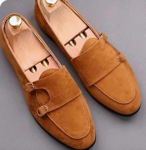 Men’s Tan Double Monk Strap Penny Street Wear Shoes, Real Suede shoes