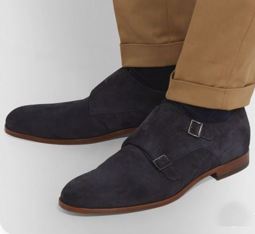 Handmade Men’s Dark Gray Double Monk Strap Formal Dress Business Shoes, Real Suede Office shoes