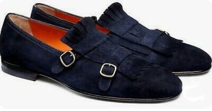 Handmade Men’s Blue Double Monk Strap Fringes Formal Dress Business Shoes, Real Suede Office shoes