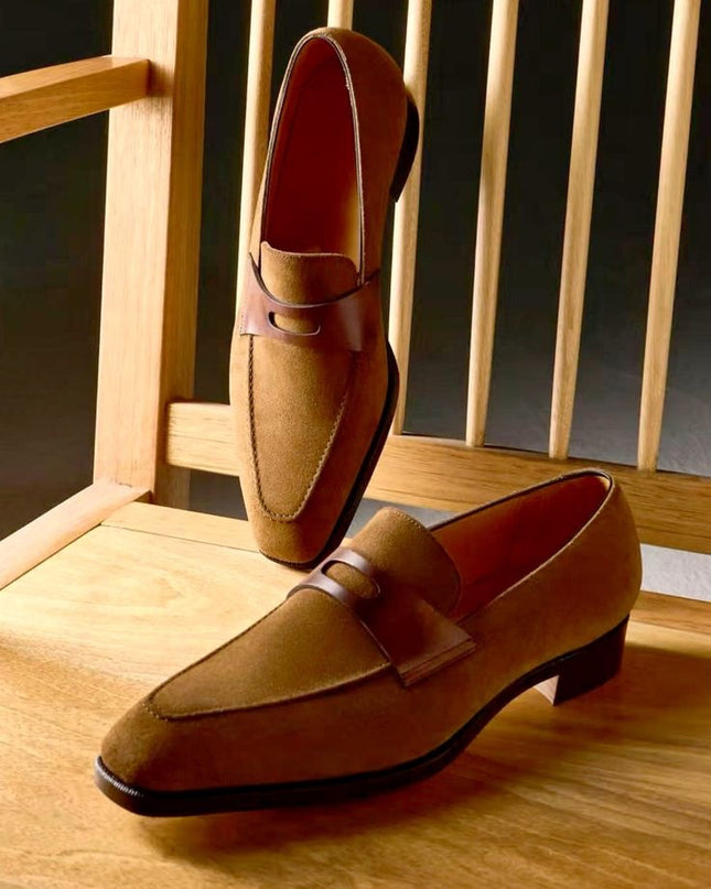 Handmade Beige Suede Loafer Moccasins, Men Formal Stripe Slip Ons Dress Shoes