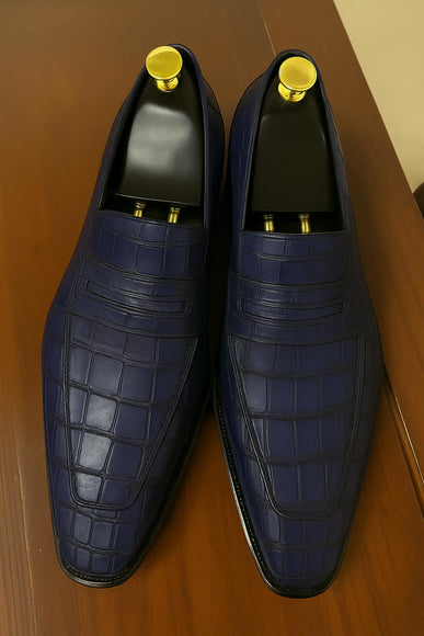 Handmade Men Dark Blue Crocodile Leather Dress Moccasins, Formal Slip On Shoes