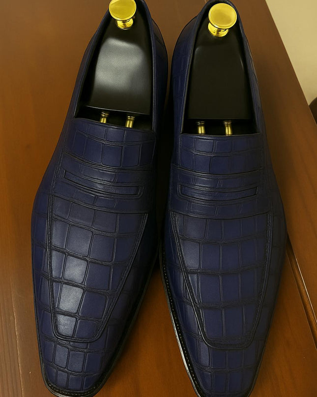 Handmade Men Dark Blue Crocodile Leather Dress Moccasins, Formal Slip On Shoes