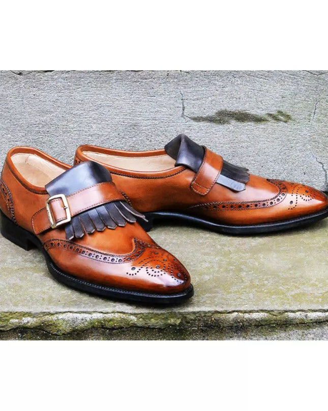 New Men’s Tan Fringe Wing Tip Brogue Monk Strap Handmade Formal Leather Shoes