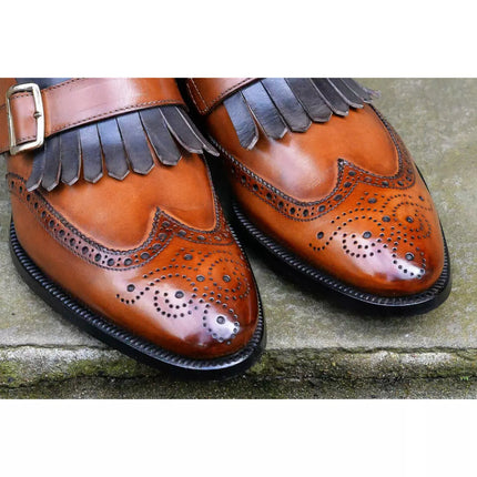 New Men’s Tan Fringe Wing Tip Brogue Monk Strap Handmade Formal Leather Shoes