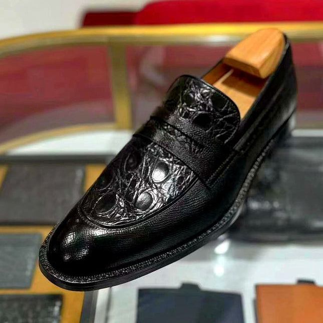 Handmade Black Shoes, Crocodile Moccasin Shoes, Leather Slip Ons, Dress Shoes