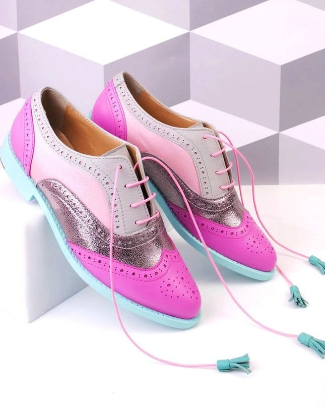 Handmade Women Multicolor Wing Tip Leather Lace Up Dress Shoes, Brogue Shoes