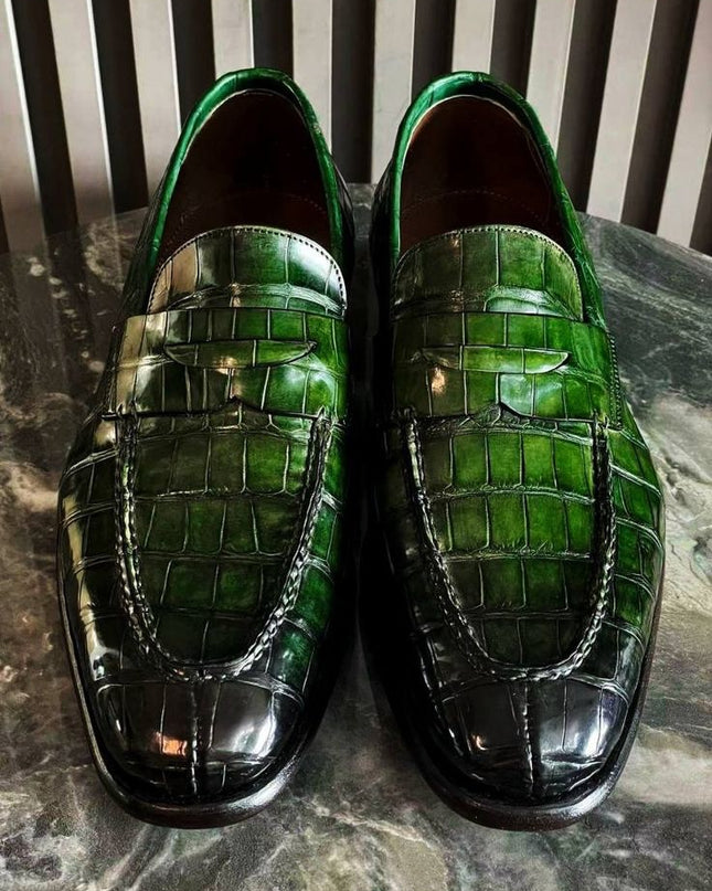 Green Handmade Shoes, Crocodile Moccasin Shoes, Leather Slip Ons, Dress Shoes