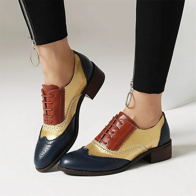 Handmade Women Three Tone Wing Tip Leather Lace Up Dress Shoes, Brogue Shoes