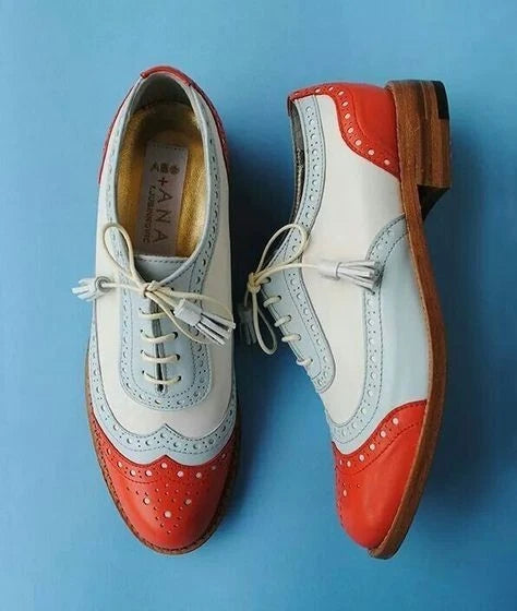 Handmade Women 3Tone Leather Lace Up Wing Tip Dress Shoes, Formal Brogue Shoes