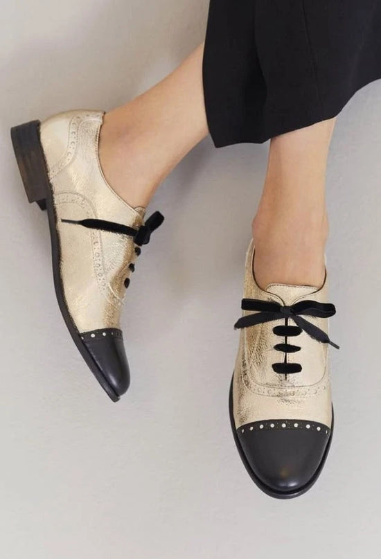 Handmade Women Gold & Black  Leather Lace Up Dress Shoes, Formal Brogue Shoes