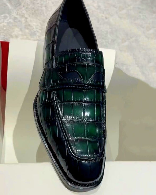 Dark Green Handmade Shoes, Crocodile Moccasin, Leather Slip Ons, Dress Shoes
