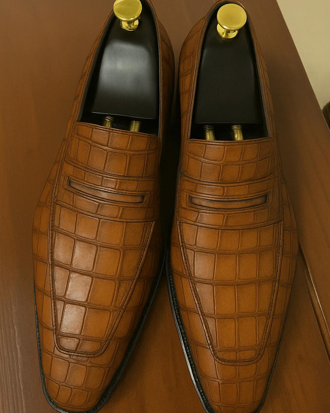 Handmade Men New Tan Crocodile Leather Dress Moccasins, Formal Slip On Shoes
