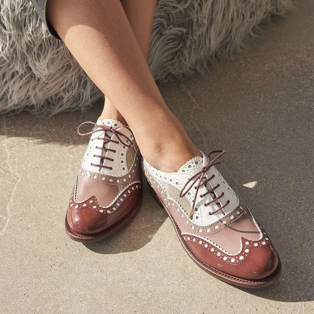 Handmade Women Brown & White Leather Lace Up Wing Tip Dress Shoes, Brogue Shoes