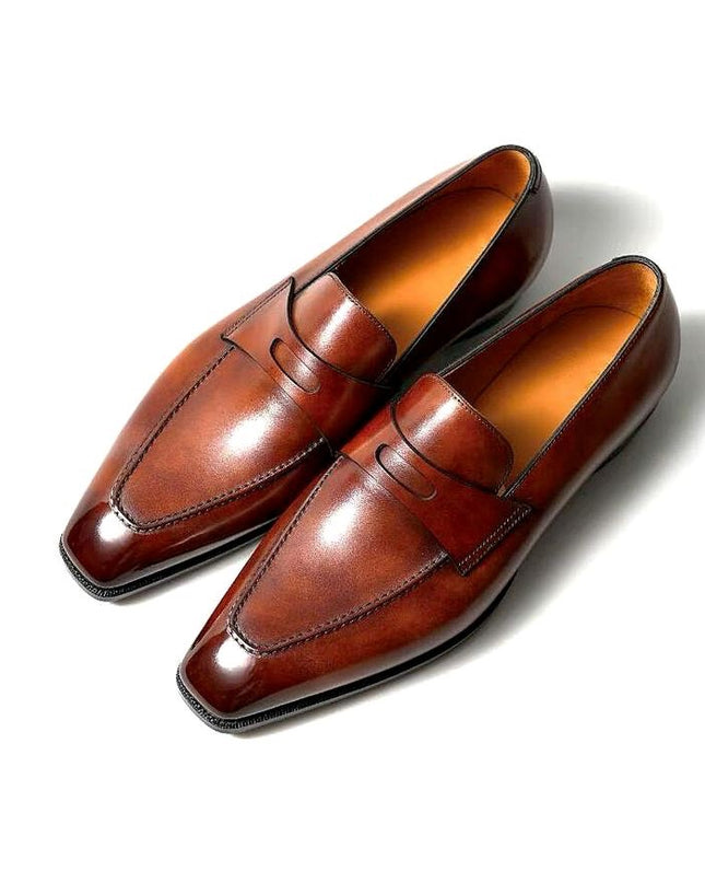 Burnished Brown Handmade Shoes, Office Moccasin, Leather Slip Ons, Dress Shoes