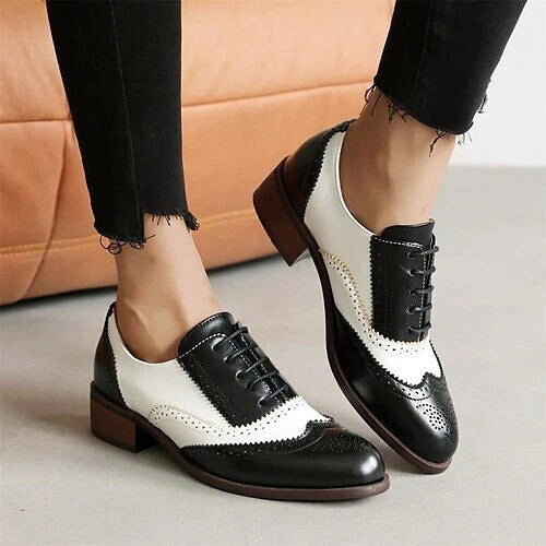 Handmade Women's White, Black Leather Oxford Wingtip Lace Up Dress Shoes Women