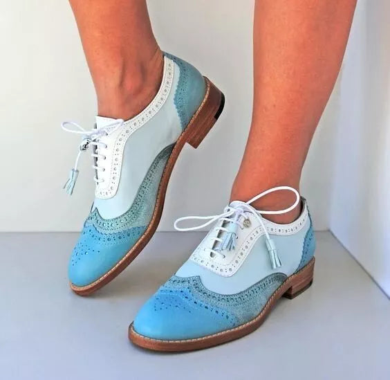 Handmade Women's Blue & White Leather Oxford Wing Tip Lace Up Brogue Dress Shoes