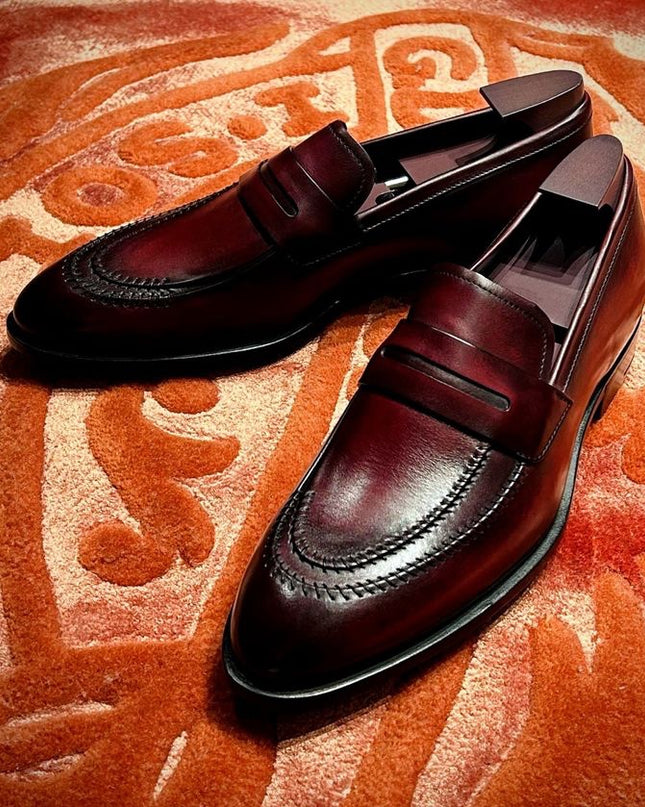 Burgundy Handmade Shoes, Office Loafers, Leather Slip Ons, Dress Shoes, Moccasin