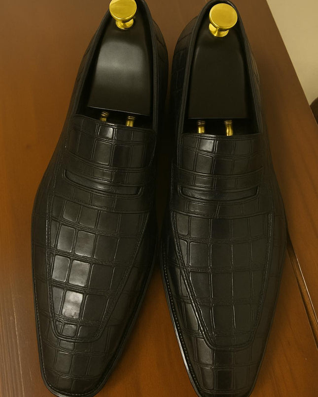 Handmade Men Black Crocodile Leather Dress Moccasins, Formal Slip On Shoes