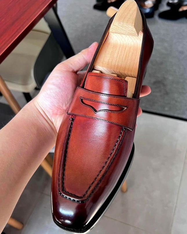Brown Handmade Shoes, Office Loafer, Leather Slip On, Dress Shoes, Mens Moccasin