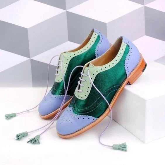 Handmade Women's 3Tone Leather & Suede Oxford Wing Tip Lace Up Brogue Dress Shoe