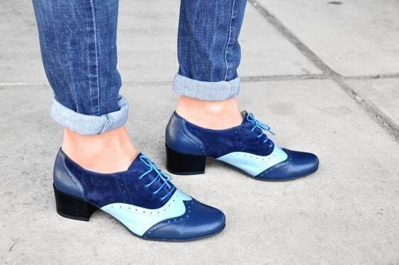 Handmade Women's New Dark, Sky Blue Leather Lace Up Oxford High Heel Dress Shoes