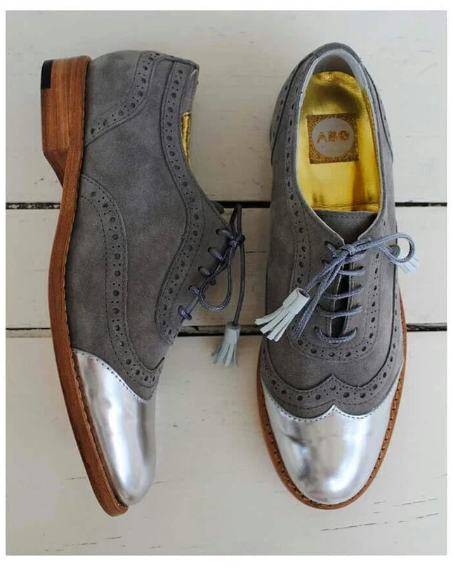 Handmade Women's Gray Leather & Suede Oxford Wingtip Brogue Lace Up Dress Shoes