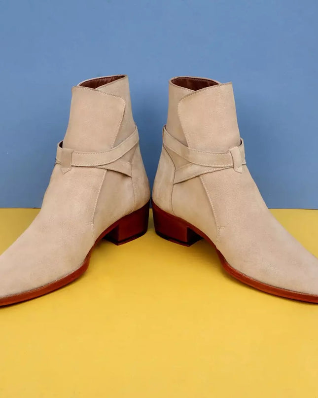 Handmade Mens Beige Suede Jodhpurs Boot, Men Beige Suede Ankle Strap Boots
