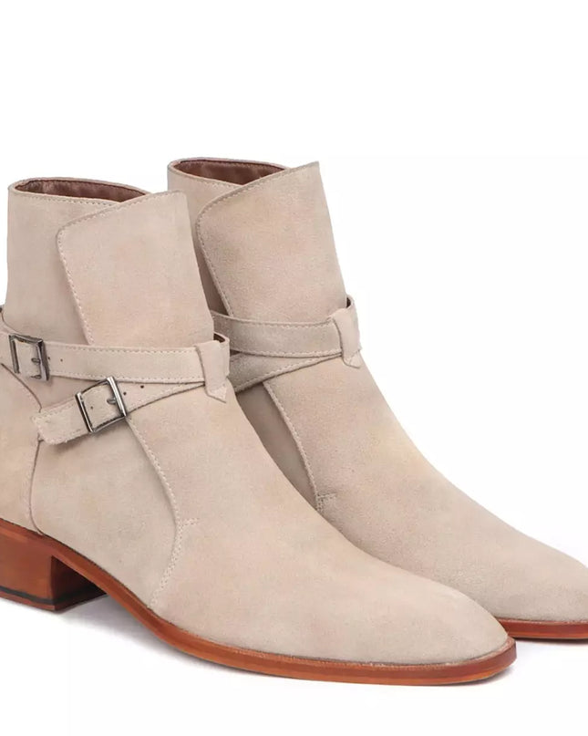 Handmade Mens Beige Suede Jodhpurs Boot, Men Beige Suede Ankle Strap Boots