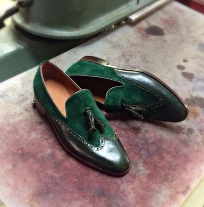Handmade Green Leather and Suede Shoes, Moccasin Dress Shoes for Men ...
