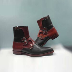 Handmade Ankle High Red Black Leather Boot, Men’s Simple Boot, ‘s Buckle