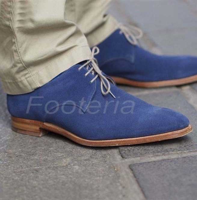 Handmade Men's Blue Suede Round Toe Lace Up Shoes, Men Designer