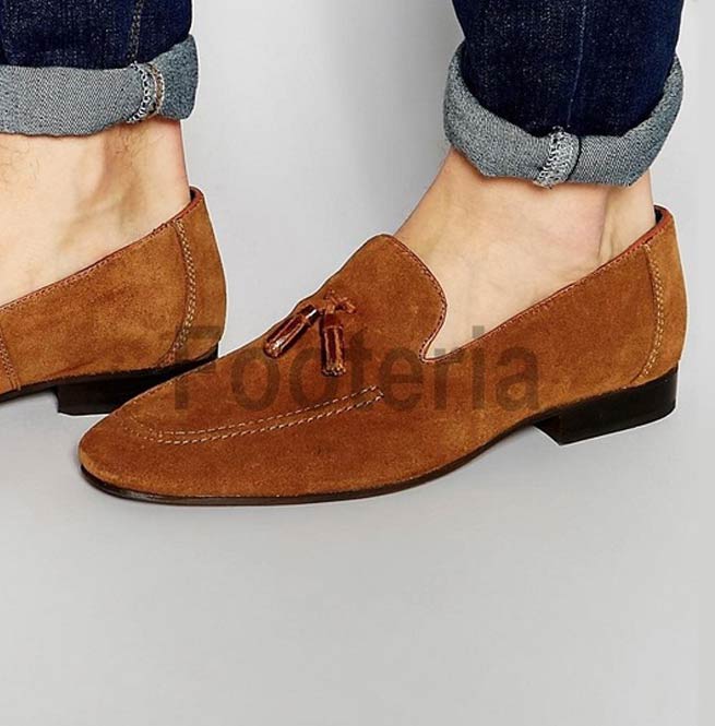 Handmade Men Brown Loafer Shoes, Tassel 