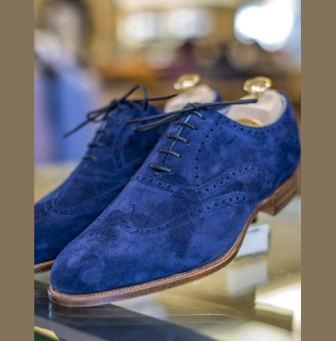 Handmade Mens Brogue Blue Suede Shoes, Men Wingtip Suede Blue Party