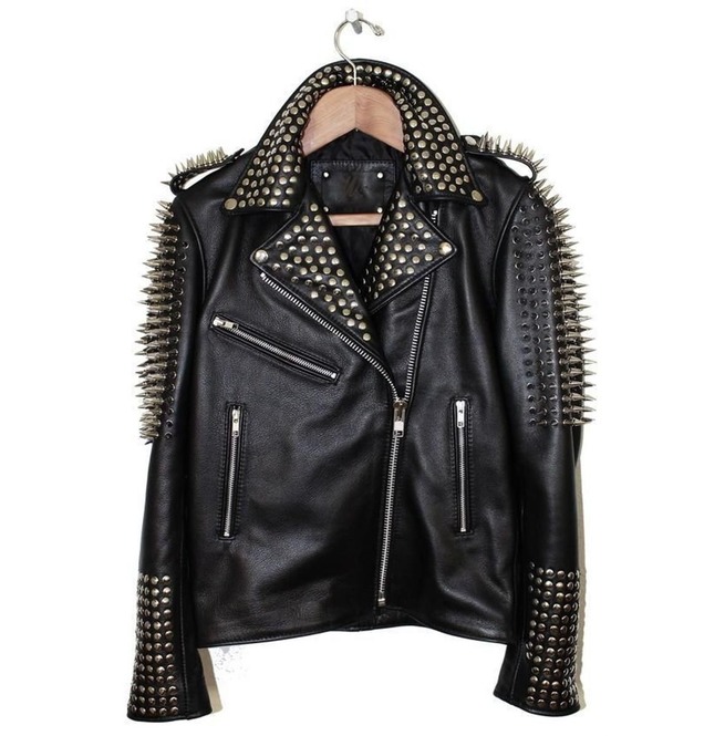Men’s Handmade Black Punk Silver Long Spiked Studded Cowhide Leather ...