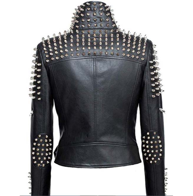 Women’s Genuine Leather Studded Punk Style Cropped Jacket, Jackets ...