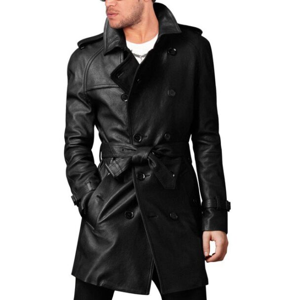 Handmade Men Leather Trench Coat Mens Belted Long Leather Coat Mens ...