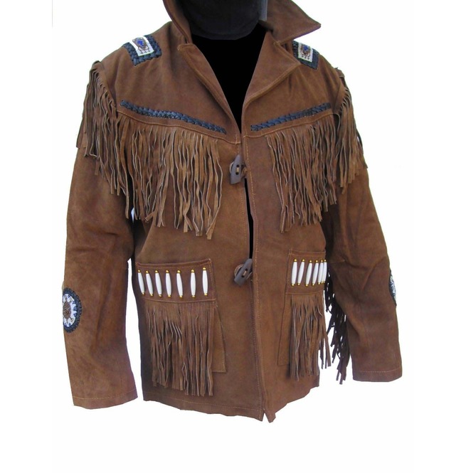 Men's Native American Western Wear Brown Suede Leather Jacket With ...