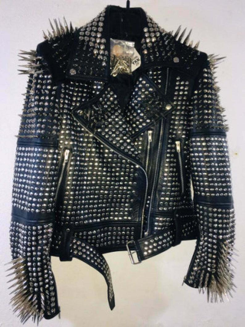 Men Black Rock Punk Full Long Spiked Studded Brando Belted Cow Leather ...