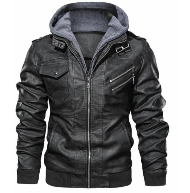 Men Black Leather Bomber Style Leather Jacket With Hoodie, Baseball