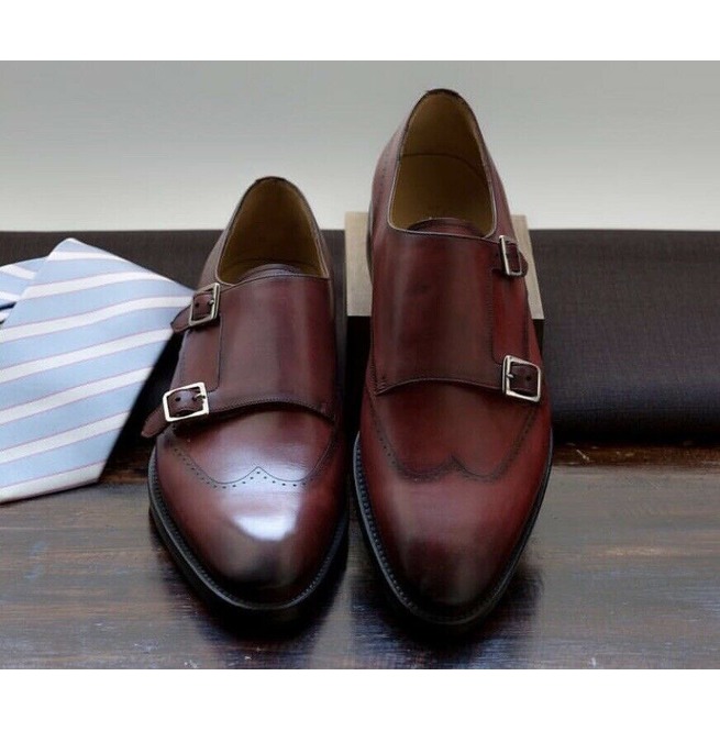 Handmade Brown Double Monk Leather Dress Shoes, Monk Formal Shoes ...