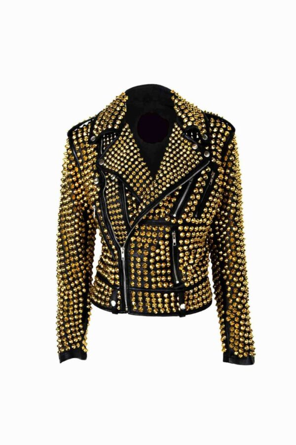 Woman Luxury Black Punk Golden Studded Cowhide Brando Leather Jacket ...