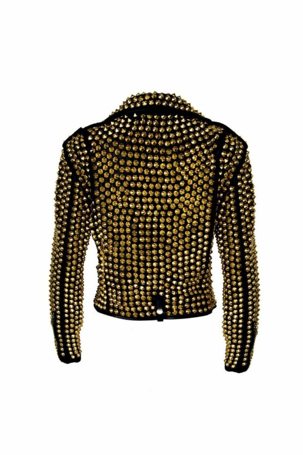 Woman Luxury Black Punk Golden Studded Cowhide Brando Leather Jacket ...