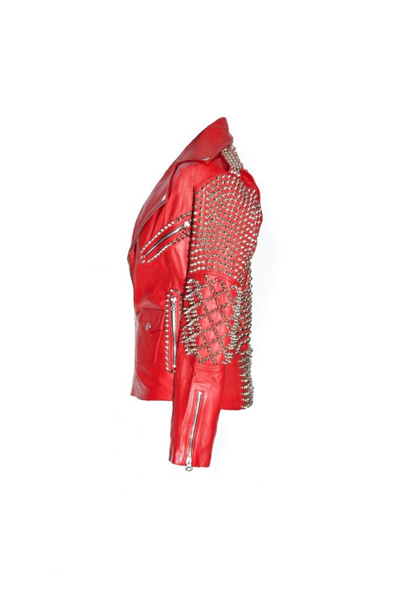 Women Red Studded Leather Jacket, Gothic Style Biker Jacket, Studded ...