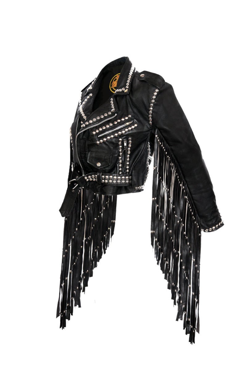 Gothic Women Black Leather Jacket with Studs and Long Fringes, Fringes ...
