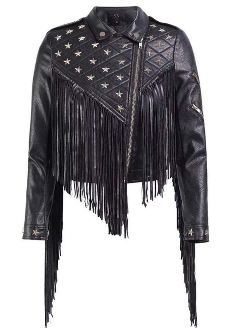 Women Black Leather Jacket with Star shaped Studs and Long fringes ...