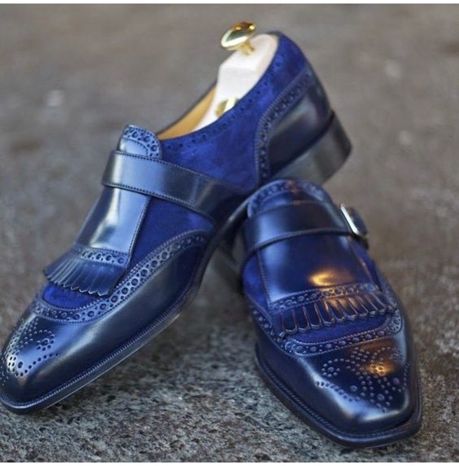 Handmade Mens Elegant Navy Blue Monk Shoes, Men Blue Fringe Dress Shoes ...