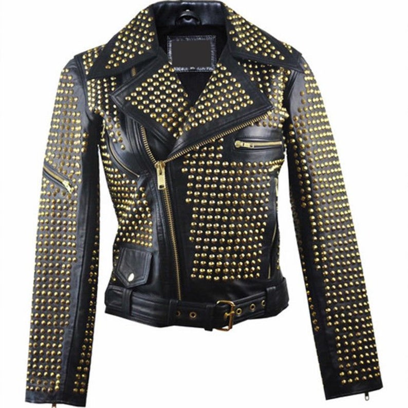 Women Golden Studded Black Leather Emo Punk Biker Jacket – Footeria